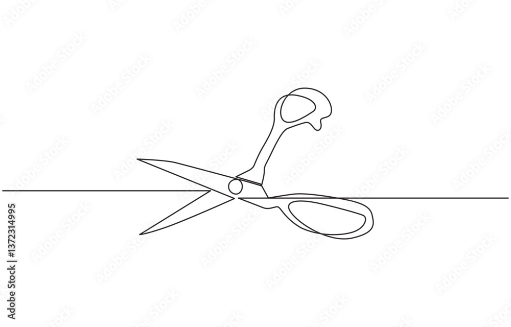 Poster one continuous line drawing of regular scissors and barber scissors, scissor tool one line continuou