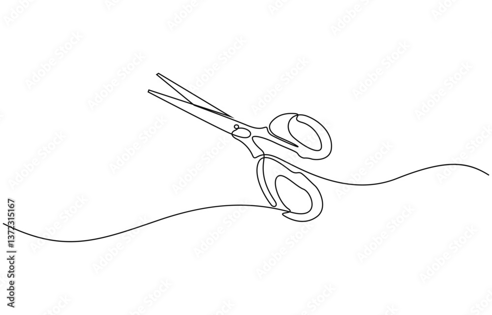 Poster one continuous line drawing of regular scissors and barber scissors, scissor tool one line continuou