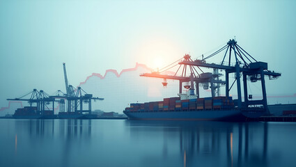 Fototapeta premium Photo realistic double exposure of a shipping yard silhouette and a cost efficiency chart, symbolizing financial management with ample copy space for text.