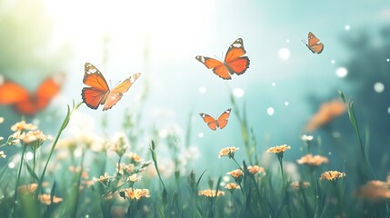 A peaceful meadow with butterflies fluttering among the flowers