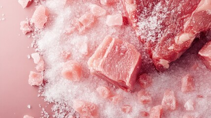 Frozen meat cubes and steaks on pink surface with ice crystals