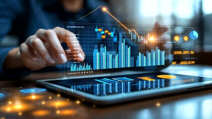 Business professional analyzing financial data on a tablet with graphs and charts in a modern office setting - Powered by Adobe