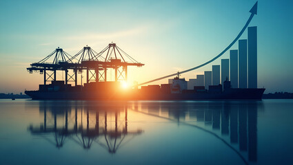 Fototapeta premium Photo realistic silhouette of a cargo terminal intertwined with a profit analysis chart, symbolizing profit management in supply chain finance, with ample copy space.