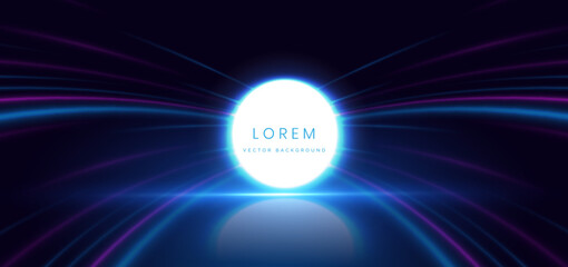 Circle glowing with blue and pink curved ray decoration on dark blue background. Hi-speed motion moving concept.