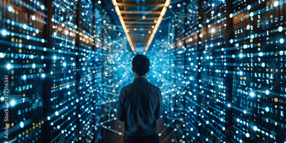 Poster A person searching for information in an electronic database
