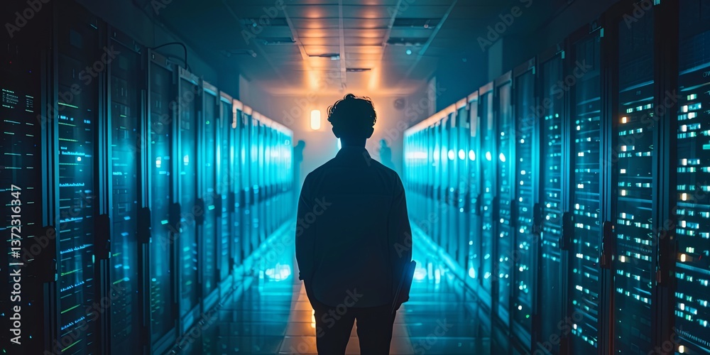 Poster A person searching for information in an electronic database