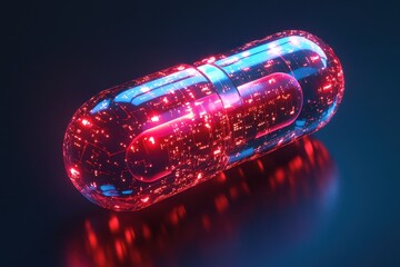 Futuristic capsule with glowing circuitry inside, blue and red light. It illustrates technological advancements in medicine and pharmaceuticals.