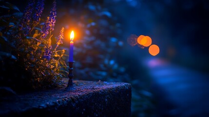 A burning candle illuminates the darkness near some floral plants
