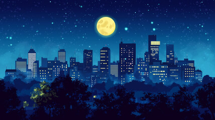 Fototapeta premium 懐かしい都市の夜景・星空と三日月が彩るレトロポップイラスト