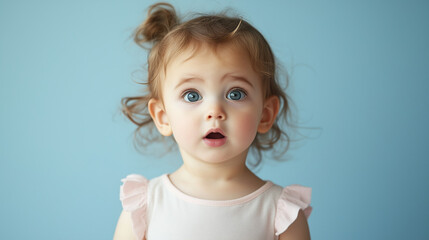 Toddler girl with a surprised expression, soft light on her face. Capturing innocence and wonder in a simple moment.

