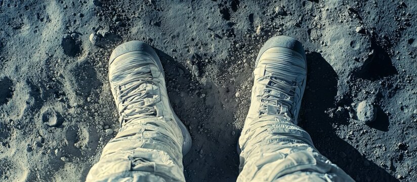 An astronaut stands on the lunar surface.