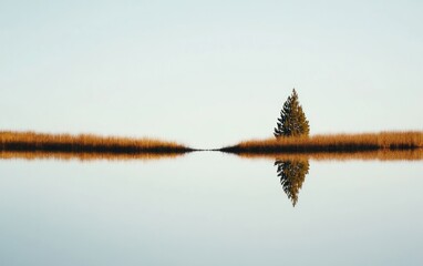 Obraz premium Solitary Coniferous Tree Reflected in a Calm Lake