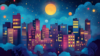 レトロで幻想的な夜景・月明かりと星が輝く都市の風景イラスト