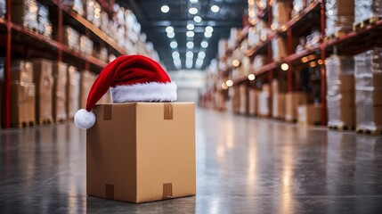 Holiday Spirit in a Goods Delivery Warehouse: Santa Hat on Box