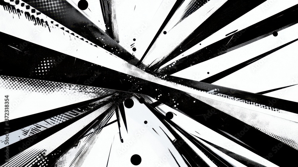Poster abstract black and white image with radiating lines and splatter creating a dynamic, energetic compo
