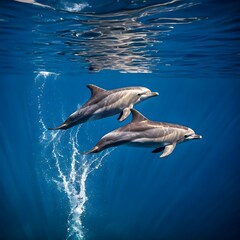 Fototapeta premium A playful pod of dolphins leaping through the crystal-clear ocean, AI Generated
