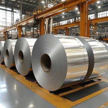 Large shiny metal rolls are situated inside of a warehouse