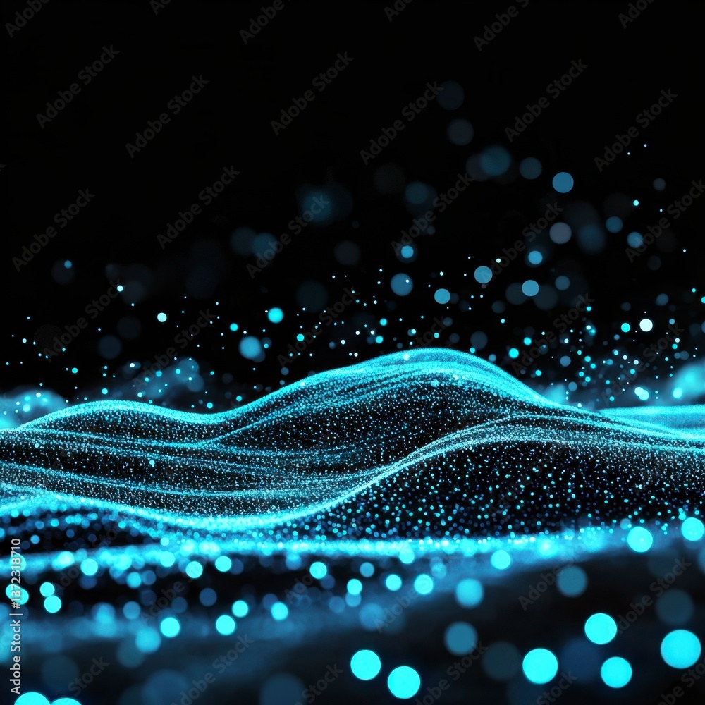 Poster abstract background with glowing blue particles forming undulating waves on a dark surface. the imag