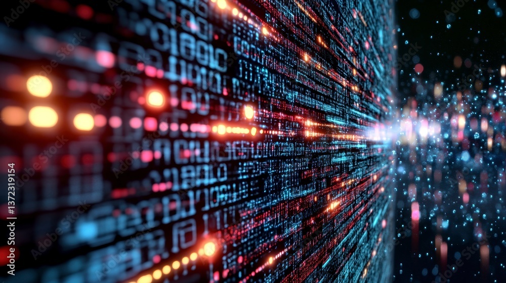 Poster abstract digital data stream visualization with glowing binary code, red and blue hues, and a perspe