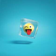 Winking face with tounge emoji inside ice cube. Zany wink emoticon face with crazy smile frozen in ice lump. Happy smile emoticon frozen in ice block background mockup concept illustration.