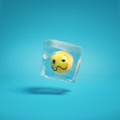 Woozy face with crumpled mouth emoji inside ice cube. Tired emoticon face with wavy mouth frozen in ice lump. Happy smile emoticon frozen in ice block background mockup concept illustration.