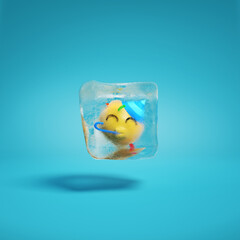 Partying face with crumpled mouth emoji inside ice cube. Party face emoticon with hat and horn frozen in ice lump. Happy smile emoticon frozen in ice block background mockup concept illustration.