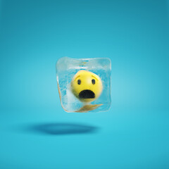 Frowning face with open mouth emoji inside ice cube. A yellow face with small, open eyes and open frow emoticon frozen in ice lump. Sad emoticon frozen in ice block concept 3d render.