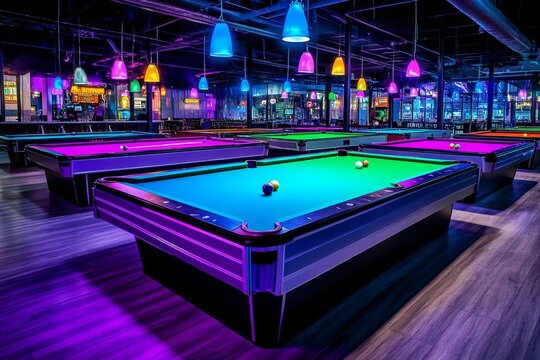 A classic pool hall with dim lighting, neon signs, and players focusing intensely on their shots