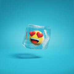 Smiling face with heart-eyes emoji with hearts for eyes inside ice cube. Smiling face with heart shaped eyes emoticon frozen in ice lump. Happy smile emoticon frozen in ice block background.