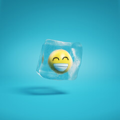 Beaming face with smiling eyes and full toothed grin emoji inside ice cube. Grinning face with smiling eyes emoticon frozen in ice lump. Happy smile emoticon frozen in ice block background mockup.