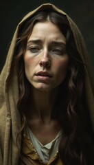 Fototapeta premium Sad woman with a brown hooded cloak looking thoughtful about easter religion