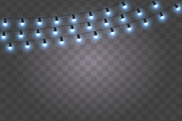Vector garlands glow. Glowing garlands of bulbs and lamps. On a transparent background.