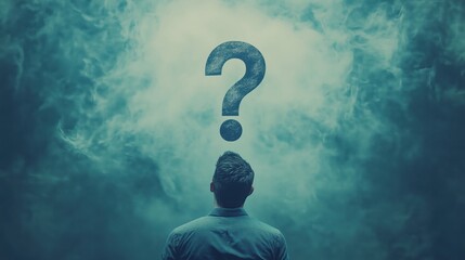 Giant Floating Question Mark Over Man's Head in Dreamy Atmosphere