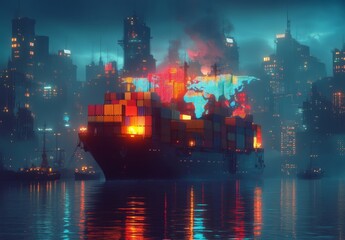 Obraz premium Cargo ship at the port carrying containers with a global map on the deck at night
