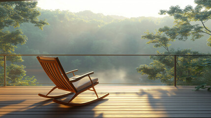 Tranquil Wooden Rocking Chair on a Scenic Forest Balcony