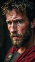 Obraz premium Intense Roman soldier in a red cloak reflecting on Jesus' resurrection with a serious gaze.