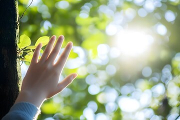 Hand reaches sunlight through leafy canopy, bokeh effect