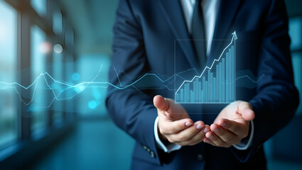 Explore a photo-realistic persona intertwined with a trend graph and stock report, symbolizing market insights and analysis, perfect for your project.