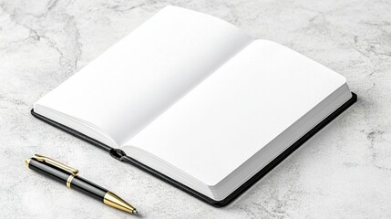 Open blank notebook with black cover and gold pen on a marble surface. Ready for writing or sketching, clean and simple.