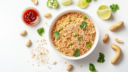 Creamy peanut butter noodles, garnished with chopped peanuts, sesame seeds, and a drizzle of sriracha sauce