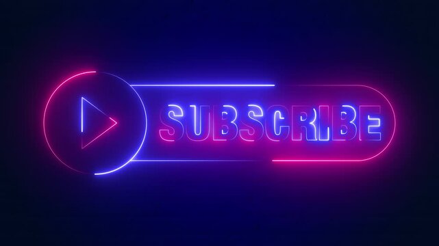 Vibrant neon "SUBSCRIBE" sign hanging on a black background. Glowing neon text subscribe button animation. Subscribe clip text animation for social media