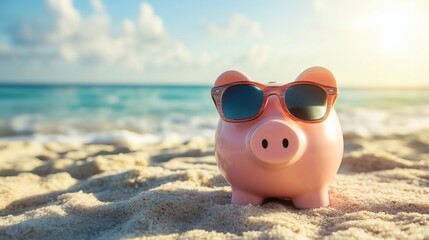 Relax Smiling Pink Piggy Bank using eyeglass Resting on Sandy Beach with Gentle Ocean Waves and Clear Sky in Background, Representing Financial Freedom with Copy Space