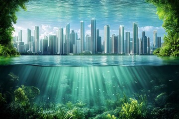 A cyberpunk version of RoatÃ¡n, where neon-lit underwater cities exist beneath the surface