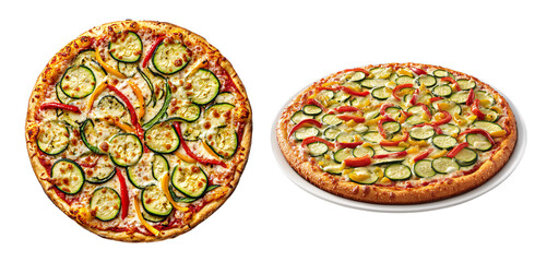 Vegetable pizza with zucchini and bell pepper, isolated on transparent background