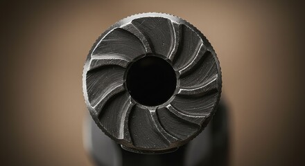 Metal Component with Curved Machined Grooves: Intricate Design on Gradient Brown Backdrop.