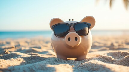 Relax Smiling Pink Piggy Bank using eyeglass Resting on Sandy Beach with Gentle Ocean Waves and Clear Sky in Background, Representing Financial Freedom with Copy Space