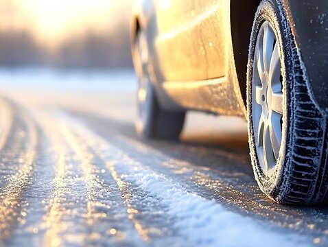 A vehicle driving on a snowy icy road surface in winter