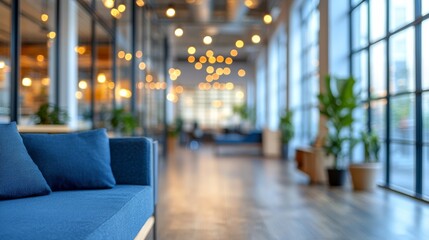 Fototapeta premium Blue sofa and plants near the bright windows in a blurred relaxing waiting area