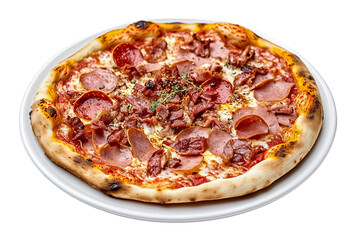 Meat lover’s pizza with pepperoni, sausage, and bacon, isolated on transparent background