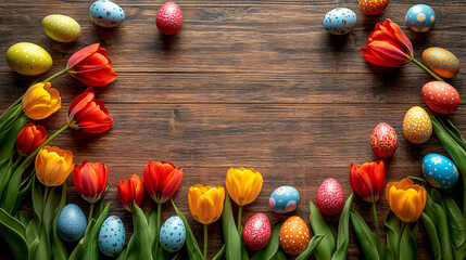 Obraz premium top view of Easter template on wooden background